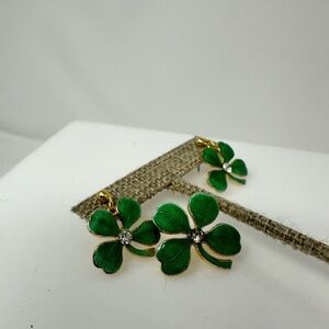 3 piece Good Luck 4 Leaf Clover Irish earrings and brooch